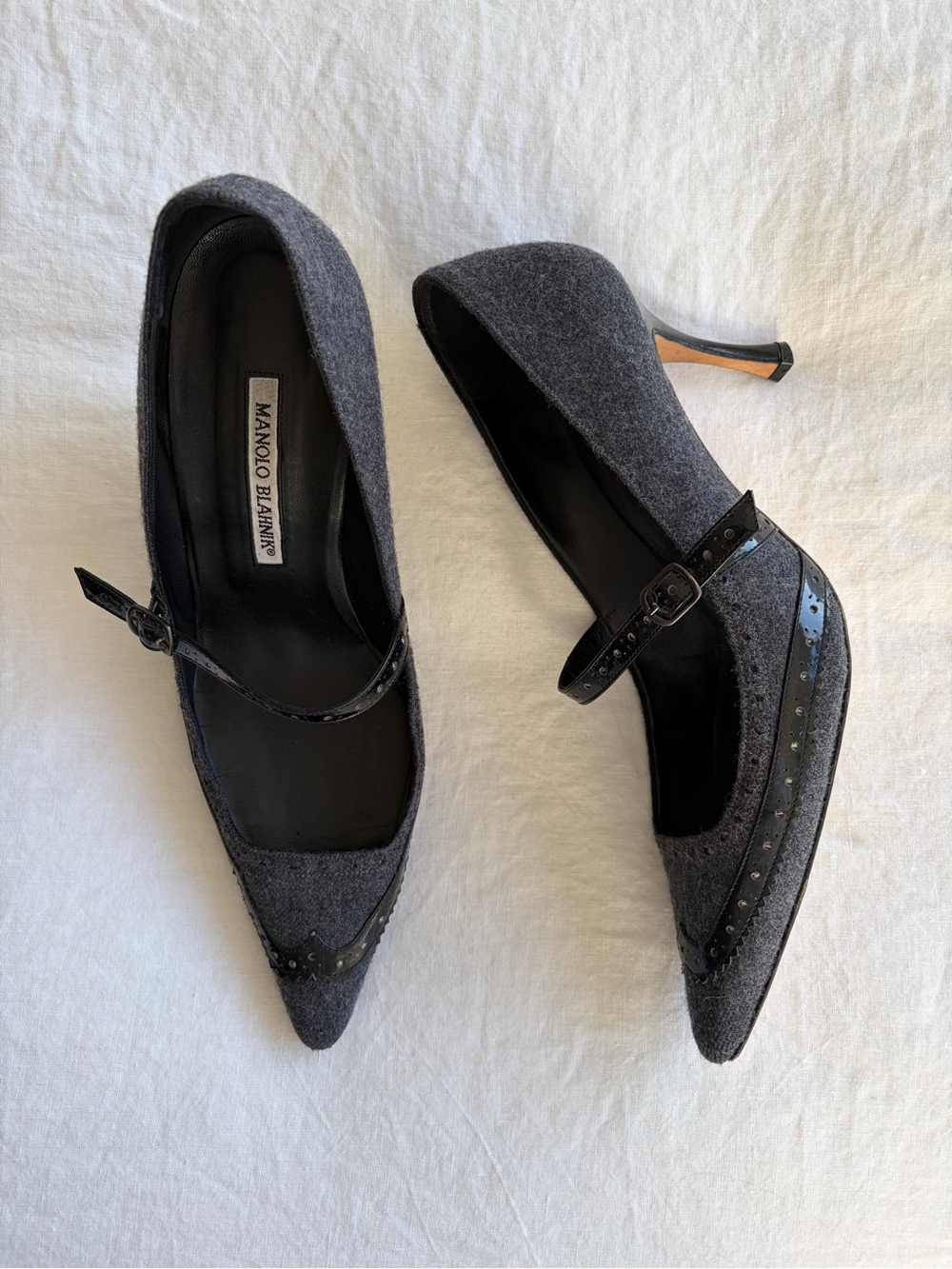 Vintage Manolo Blahnik Mary Jane Wool Patent Leather Heels Black Gray